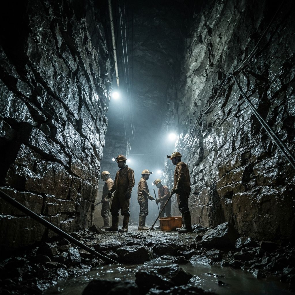 Gold mining operation with excavator and miners processing gold ore